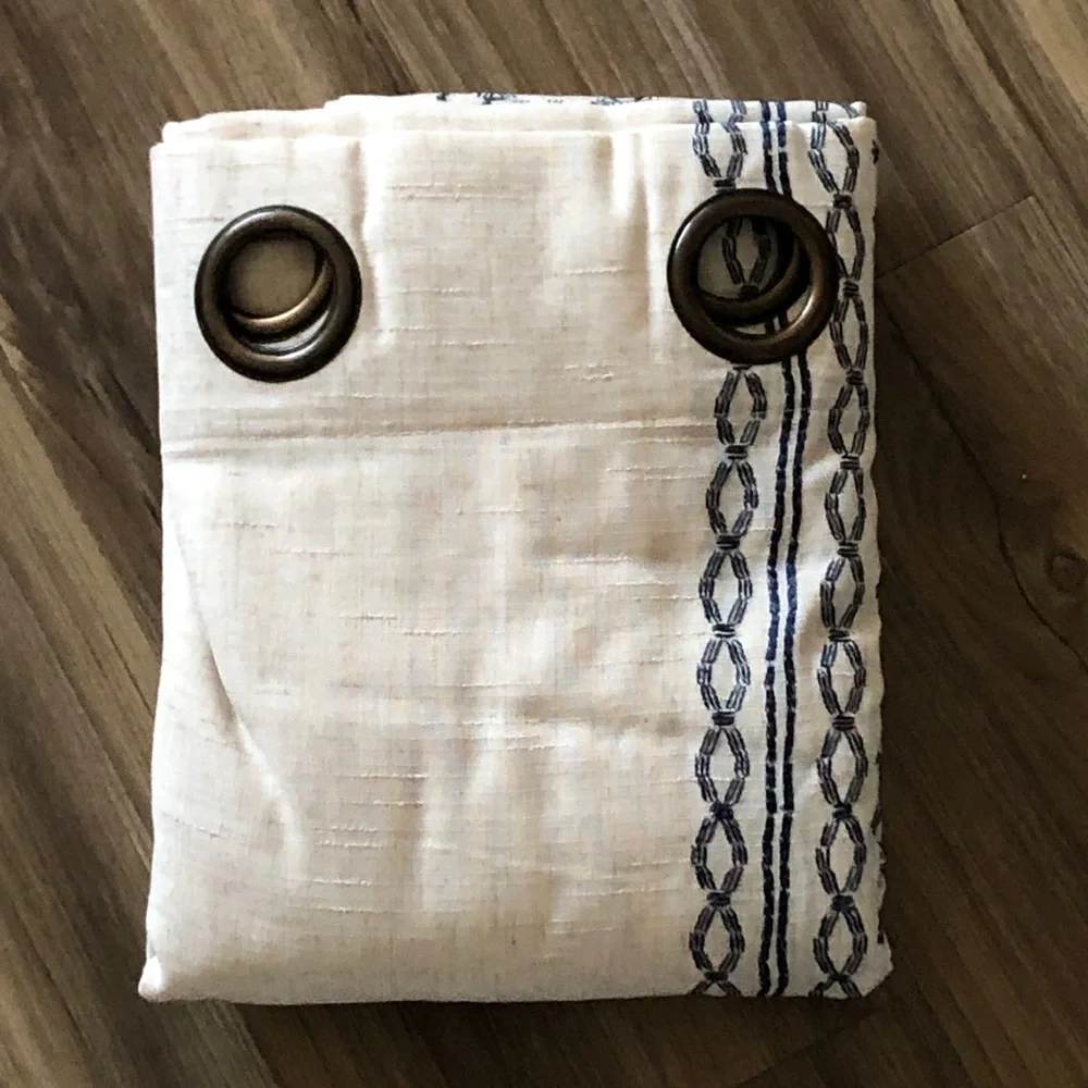 1 Pair Of Lazzy Linen Blend Blue On Beige Grommet Curtains 95” Length